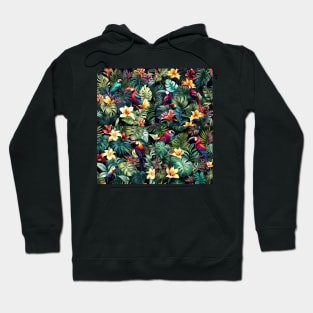 graphic design pattern tropical nature parrots monstera palms botanical palm leaves bird of paradise wildlife forest garden jungle Hoodie